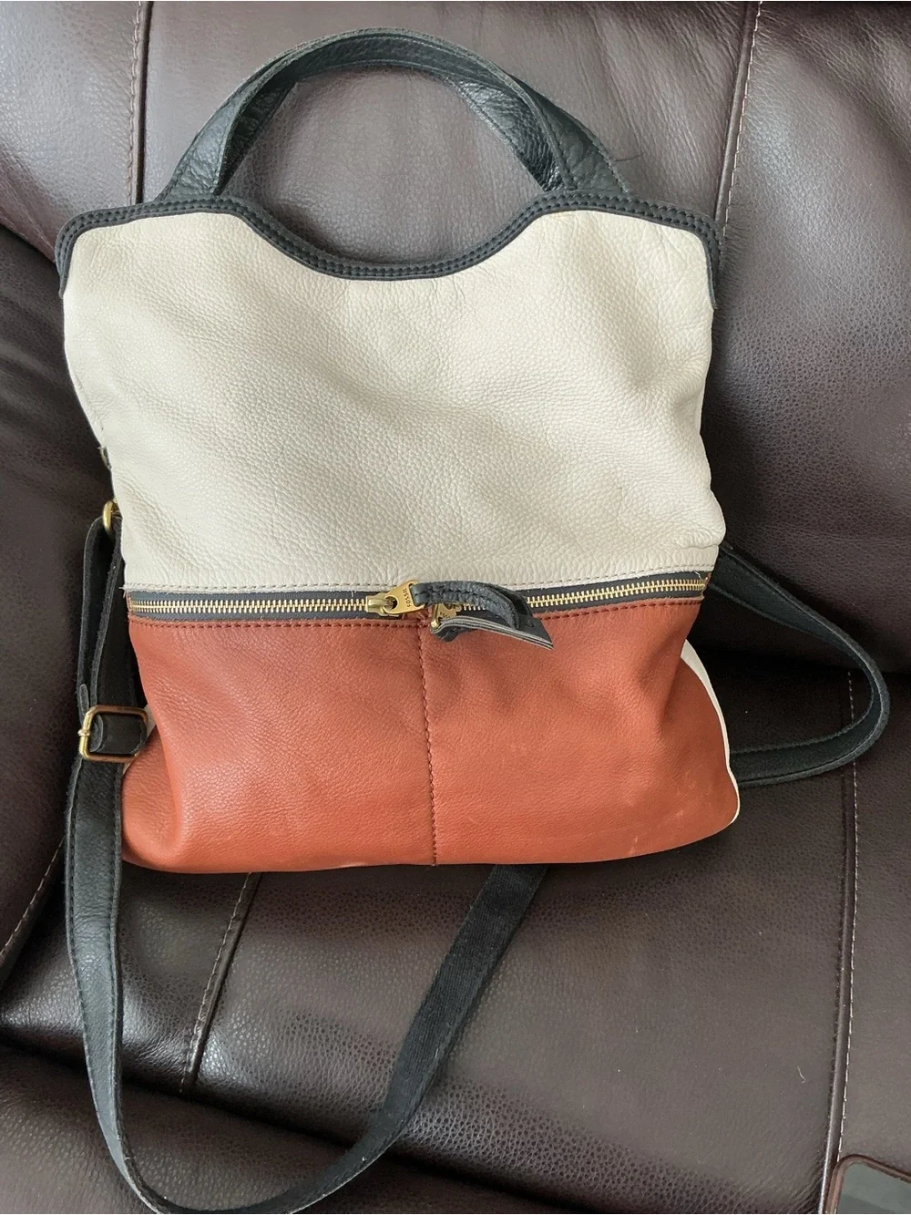 Fossil ERIN Ivory/Tan/Black Leather Hobo Satchel Bag